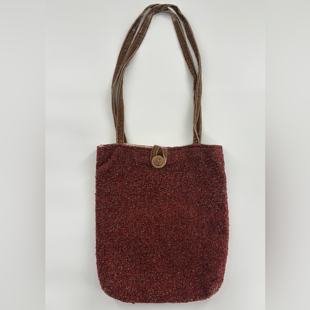 Red Knit Boucle Shoulder Tote Bag Double Velvet Handles Wooden Button Closure